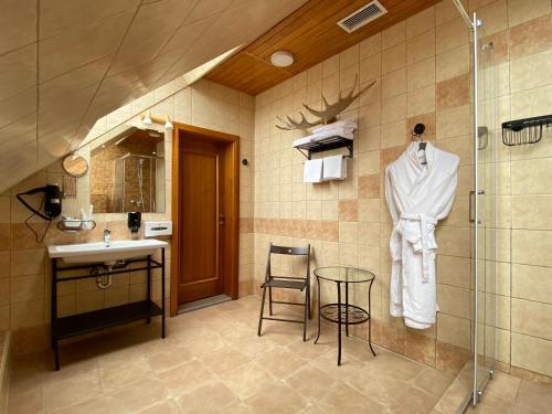 喀山Irbis Hotel的带淋浴、盥洗盆和镜子的浴室