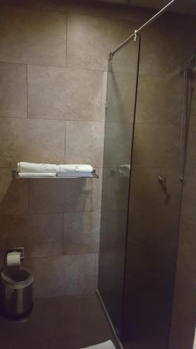 墨西哥城Motel Nuevo Tijuana的浴室设有玻璃淋浴间和卫生间