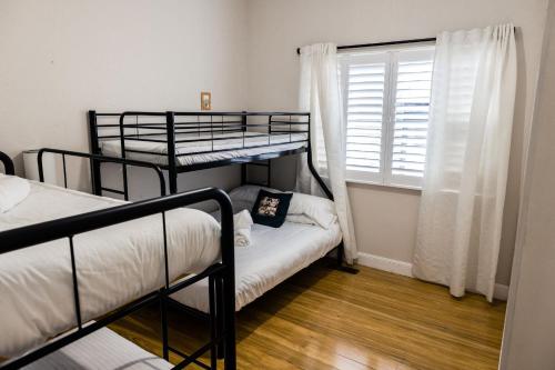 肯图巴WildLife Lodge Katoomba的一间卧室设有两张双层床和一扇窗户。