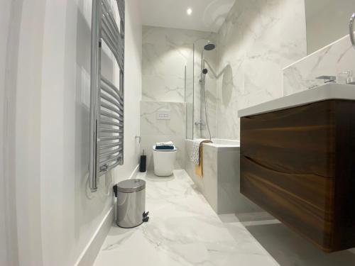 弗利特Elevate at Fleet Heights Apartment Seven的白色的浴室设有水槽和卫生间。