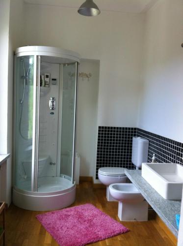 Rocca D'ArazzoCasale di Charme Bellaria的带淋浴、卫生间和盥洗盆的浴室
