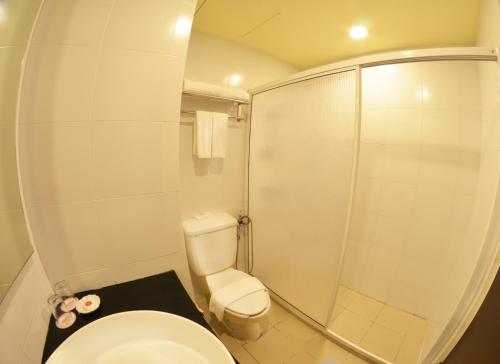 乔治市Hotel Sentral Seaview @ ​Beachfront的一间带卫生间和淋浴的小浴室