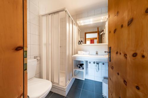 锡尔斯玛丽亚Hotel Chesa Pool的带淋浴、卫生间和盥洗盆的浴室