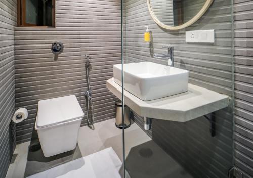孟买Bloom Hotel - Juhu的一间带水槽、卫生间和镜子的浴室