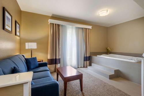 匹兹堡匹兹堡康福特茵酒店的客厅配有蓝色的沙发和浴缸