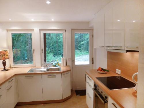 希尔塔赫沃尔法赫别墅的厨房配有白色橱柜、水槽和窗户。