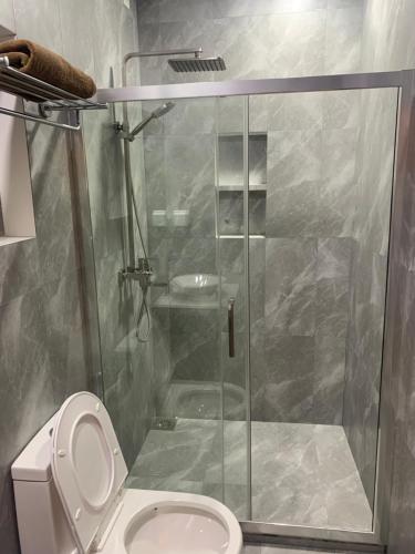 丹格迪Sky View by Relax Tours的一间带卫生间和玻璃淋浴间的浴室