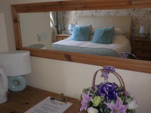 圣萨维尔吉姆塞Longfrie Inn的一间卧室配有一张带大镜子的床