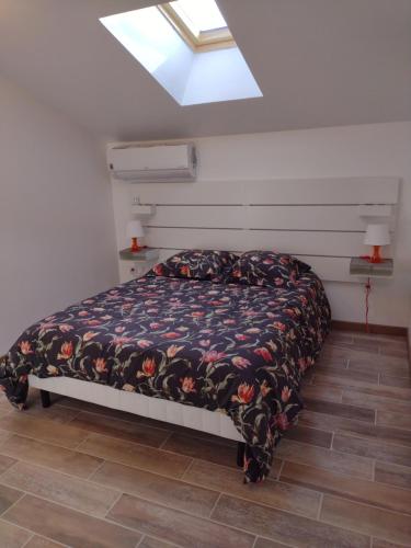 Montségur-sur-LauzonLES GITES DU LAUZON的一间带一张床铺的卧室,位于带天窗的房间内