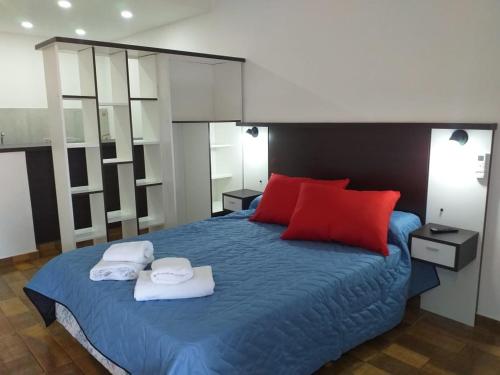 费德拉西翁费德拉辛多多拉斯公寓式酒店的一间卧室配有蓝色的床和红色枕头
