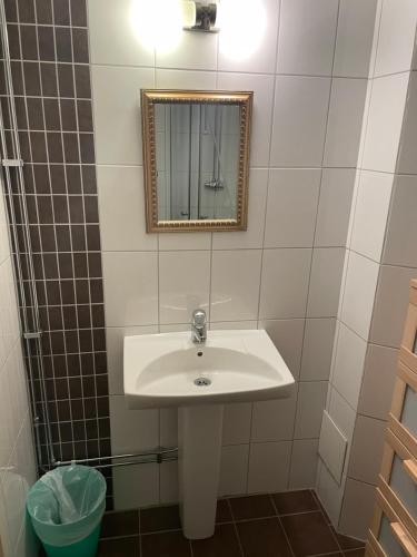 维默比Björkbackens Vandrarhem i Vimmerby的浴室设有白色水槽和镜子