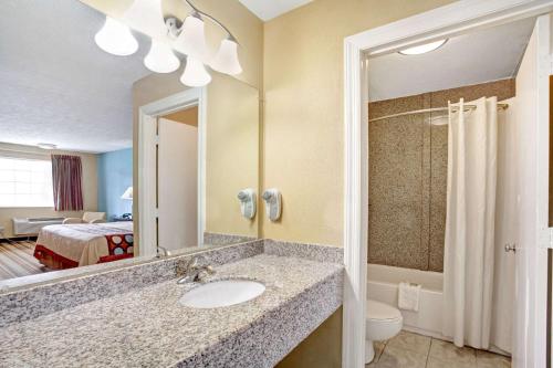 Whites Creek纳什维尔/白人溪速8酒店的一间带水槽和镜子的浴室以及一张床