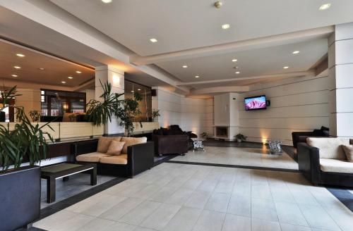 班斯科Bellevue Residence Apartments的带沙发和平板电视的大堂。