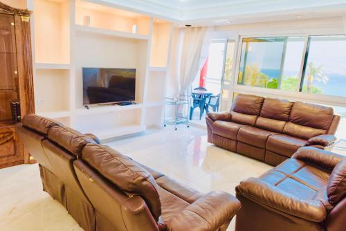 内坦亚Royal Beach Front Apartments的客厅配有两张真皮沙发和一台电视机