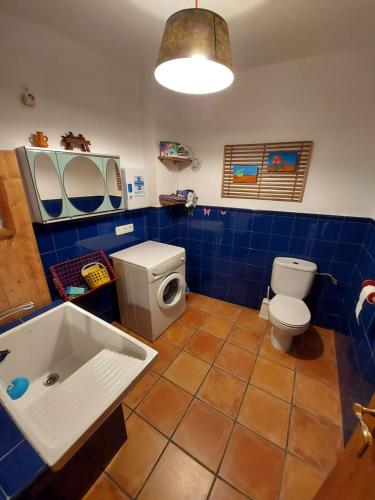 Hinojosa de DueroCasa Rural El Callejo的蓝色瓷砖浴室设有卫生间和水槽