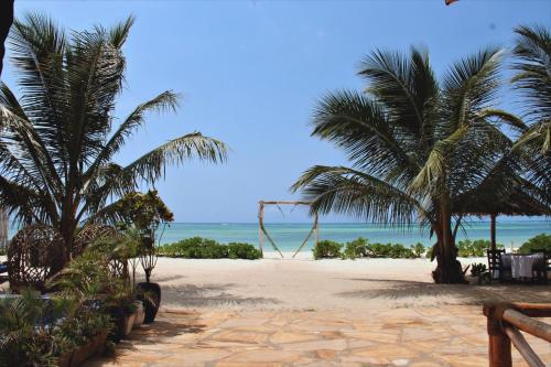 普瓦尼梅查恩加尼Sofia Sea View的两棵棕榈树和大海的海滩