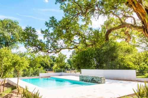 米娜克拉韦罗Favre Suites的树荫庭院中的游泳池