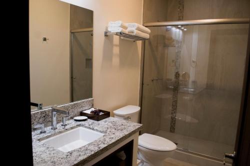 瓜达鲁佩镇Hacienda Guadalupe Hotel的带淋浴、盥洗盆和卫生间的浴室