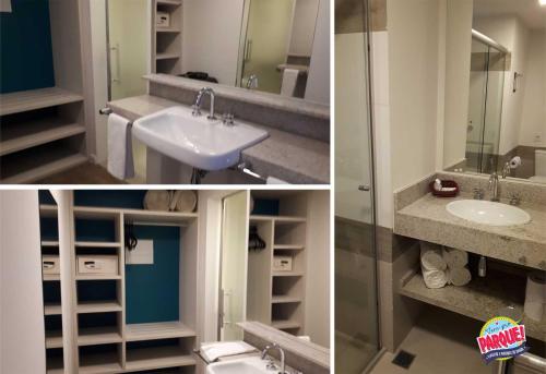 奥林匹亚Hot Beach Suites的浴室的两张照片,配有水槽和淋浴