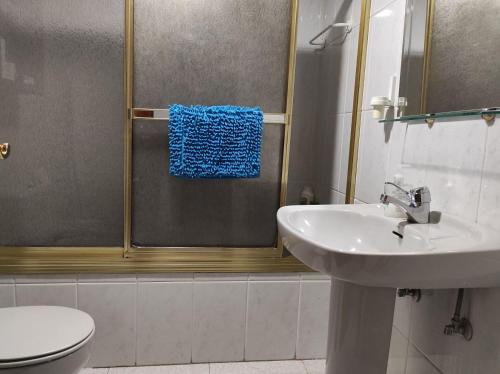 圣拉菲尔Residencial Pinar San Rafael (VuT)的浴室设有水槽和带蓝色毛巾的淋浴。