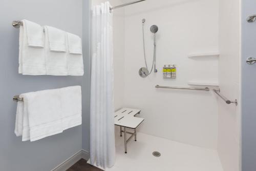 Cedar SpringsHoliday Inn Express & Suites - Cedar Springs - Grand Rapids N, an IHG Hotel的白色的浴室设有白色毛巾和淋浴。