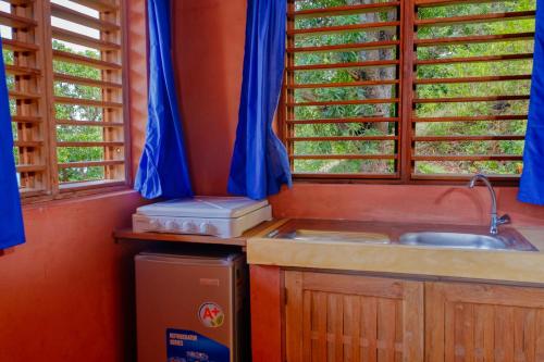 阿姆巴托洛阿卡Colibri Lodge的厨房配有水槽和带窗户的柜台。