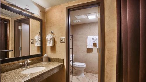 拉顿Best Western Plus Raton Hotel的一间带卫生间、水槽和镜子的浴室