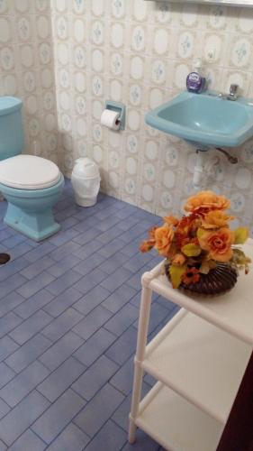 特鲁希略Hostal Donde Alberto的浴室配有蓝色水槽和卫生间。
