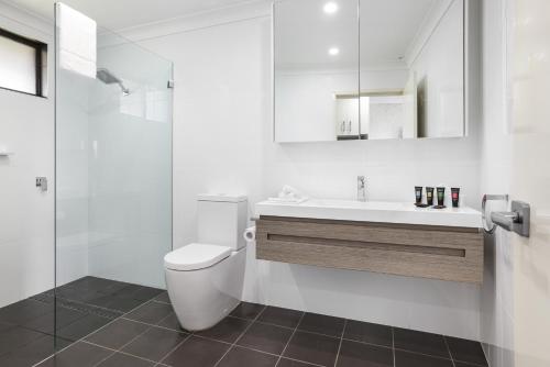 塔姆沃思鸭子宾馆公寓的浴室配有卫生间、盥洗盆和淋浴。