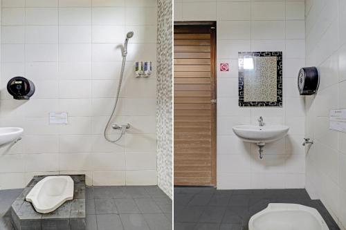 万隆OYO 90777 D’river Guest House的浴室的两张照片,配有卫生间和水槽