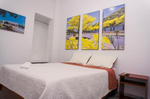 巴耶杜帕尔Hotel Casa Martina Valledupar的一间设有一张床铺的房间,墙上挂着四幅画作