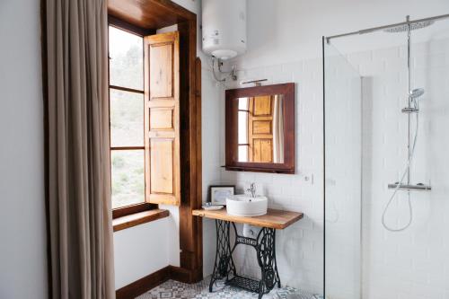 比拉夫洛尔La Casa Inglesa Vilaflor的一间带水槽、镜子和淋浴的浴室