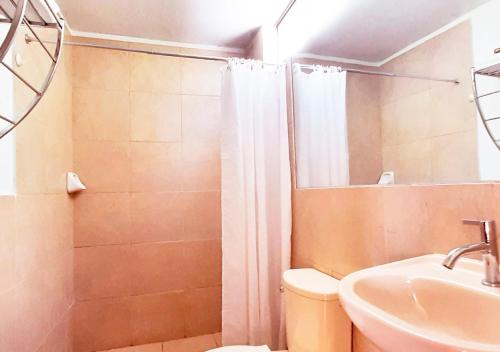 上钦查Hotel Viñas del Sol Eterno的带淋浴、卫生间和盥洗盆的浴室