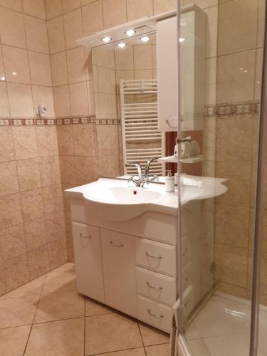 莫雄马扎尔古堡Beach Club Apartman的一间带水槽和淋浴的浴室