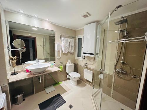 班斯科Luxury Downtown Apartment - Gondola的一间带水槽、卫生间和淋浴的浴室