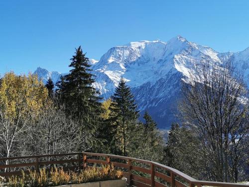 圣热尔韦莱班Saint-Gervais-les-Bains, Appartement 4 personnes的阳台享有雪覆盖的山脉美景。