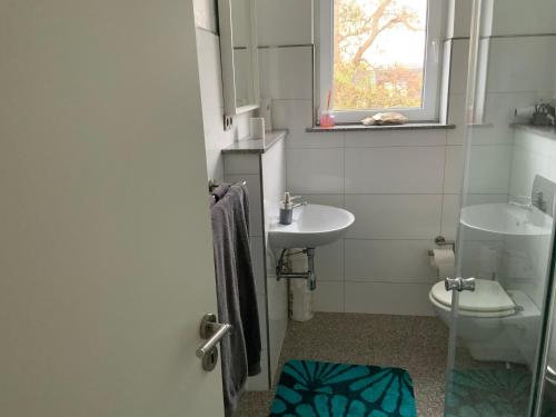 多特蒙德Wohnung am Phönixsee的一间带水槽和卫生间的浴室以及窗户。