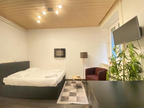 蒙特勒B&B Guest House Du Lac的客房设有床、沙发和电视。