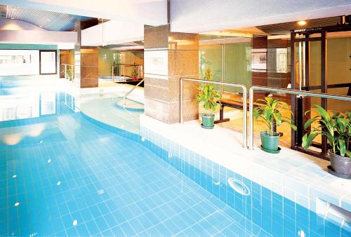 澳门Metropark Hotel Macau的一座种植了植物的大型游泳池