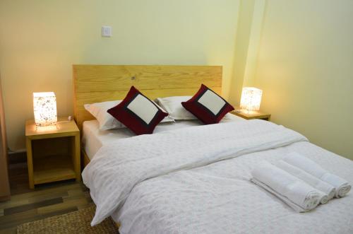帕坦Tanani Newa Home (Mt. Gouri)的一间卧室配有两张带枕头和两盏灯的床。