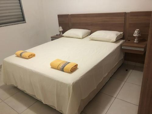 贝洛奥里藏特Apartamento Caiçaras 1的一间卧室配有一张大床和两个枕头