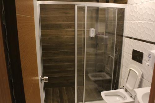 贝尔迪比Terko hotel pansiyon的带淋浴、卫生间和盥洗盆的浴室