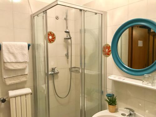 提尼亚类Garnì Hotel Tignale, GTSGroup的带淋浴、卫生间和镜子的浴室