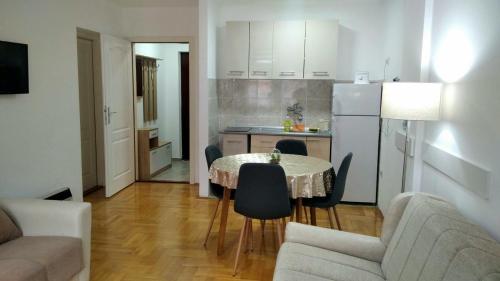 索科矿泉村Apartman Ristić 6的一间带桌椅的客厅和一间厨房
