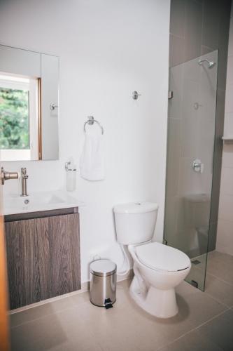 佩雷拉APARTASUITES 21 A的浴室配有卫生间、盥洗盆和淋浴。