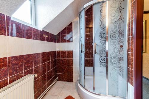奥赫热河畔克拉什泰莱茨Pension ASTORIA的浴室铺有红色瓷砖,设有淋浴。
