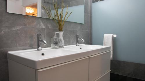 科尔马Superbe appartement au coeur du Colmar的浴室设有白色水槽和镜子