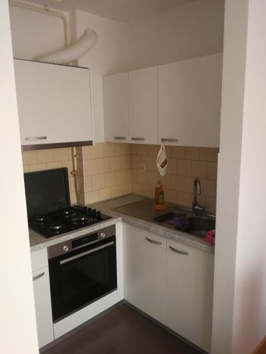 赛斯韦泰Iver apartman的厨房配有白色橱柜、炉灶和水槽。