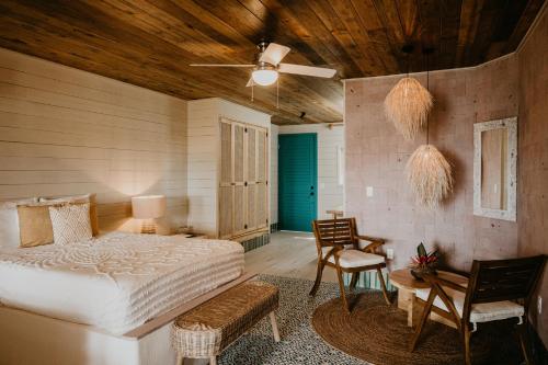 桑迪湾Tranquilseas Eco Lodge & Dive Center的卧室配有一张床和一张桌子及椅子