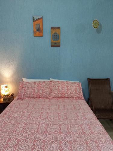伯迪亚哥Cantinho do Indaiá - Apto pé na areia的一间卧室配有一张带粉红色床罩的床